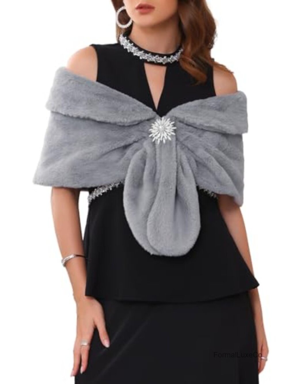 Women's Faux Fur Shawl Cocktail Wrap Cape for Bridal Wedding